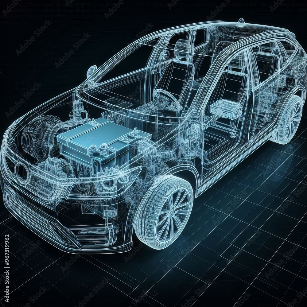 Naklejka premium A line art 3D illustration displays a modern electric car chassis x-ray, revealing the vehicle battery in a studio environment. 