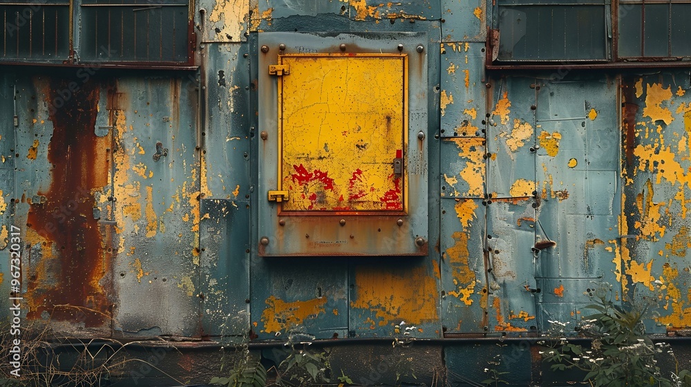 v A vibrant yellow door stands out against the weathered. v A vibrant yellow door stands out against the weathered.