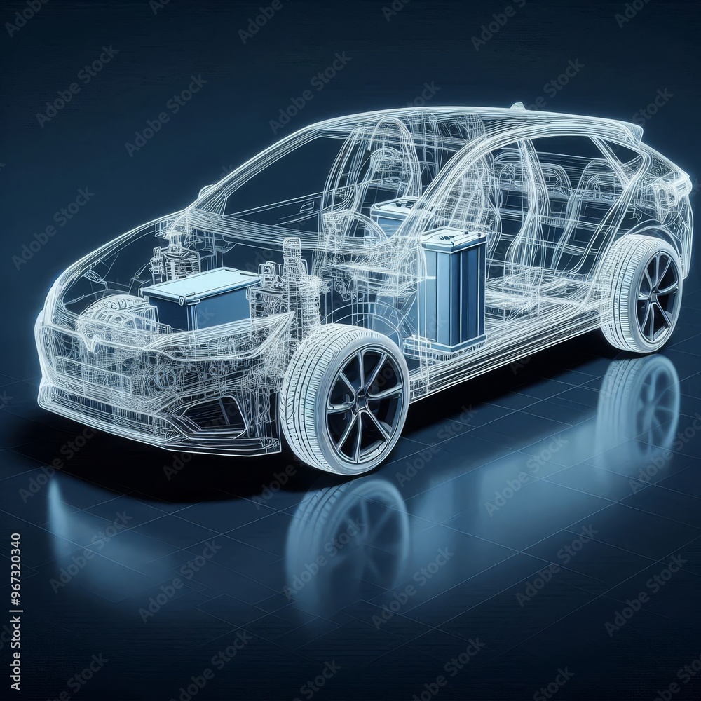 Naklejka premium A line art 3D illustration displays a modern electric car chassis x-ray, revealing the vehicle battery in a studio environment. 