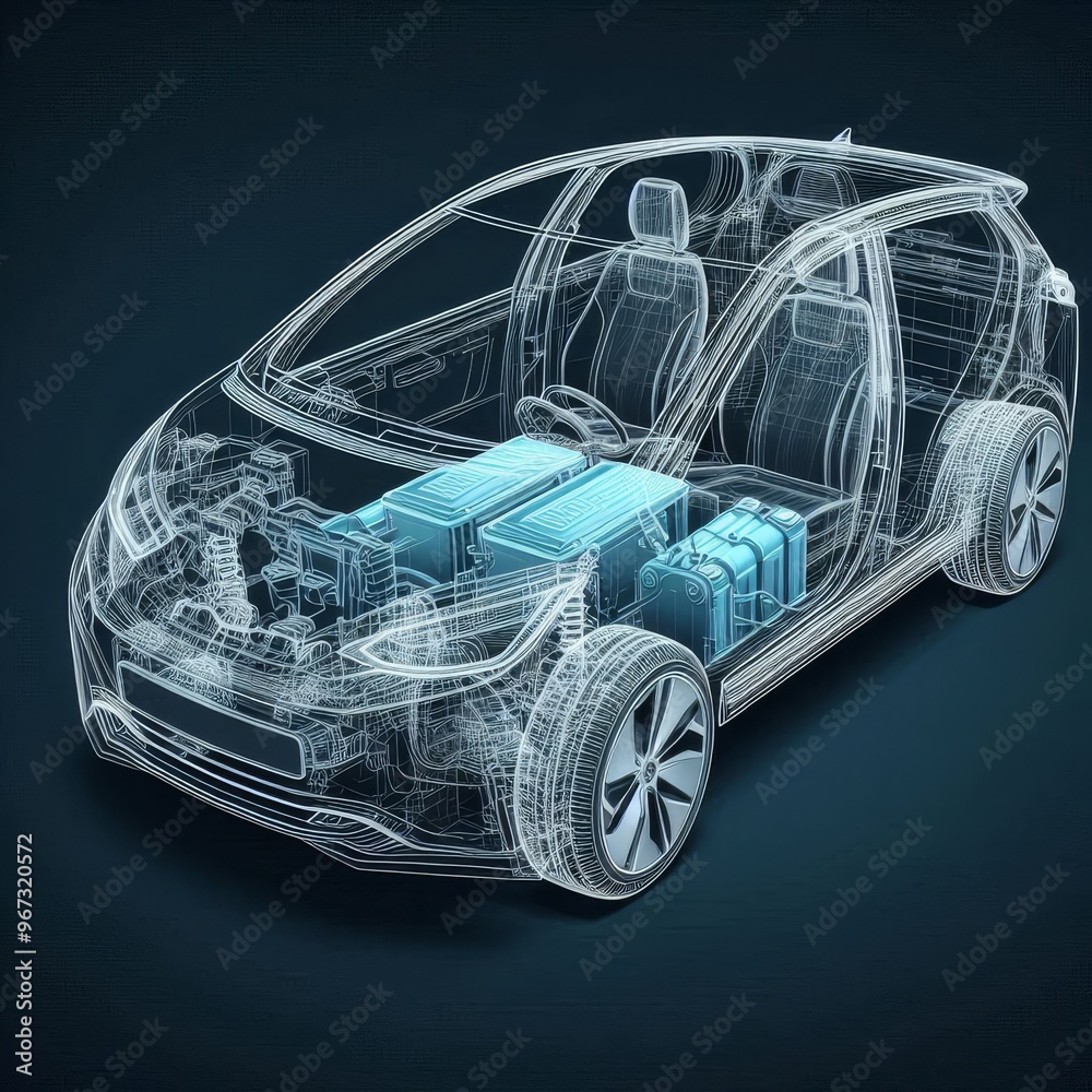 Naklejka premium A line art 3D illustration displays a modern electric car chassis x-ray, revealing the vehicle battery in a studio environment. 