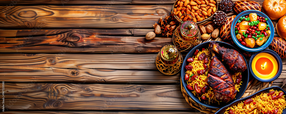 custom made wallpaper toronto digitalA table with a variety of food items including meat, rice, and vegetables. The table is set on a wooden surface, giving the scene a warm and inviting atmosphere