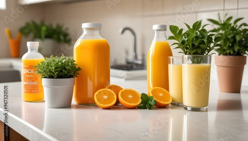  A set of vitamins, including vitamin C and zinc, placed on a kitchen counter, symbolizing health prevention and wellness. The scene highlights the role of supplements in maintaining good health.
 photo