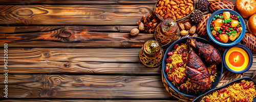 Wallpaper Mural A table with a variety of food items including meat, rice, and vegetables. The table is set on a wooden surface, giving the scene a warm and inviting atmosphere Torontodigital.ca