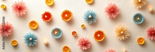 Minimalist Diwali Banner with Floating Diyas and Simple Rangoli Motifs on a Soft Background