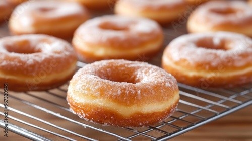 A fresh batch of donuts cooling on a wire rack, with a focus on their golden-brown texture and tempting appearance.