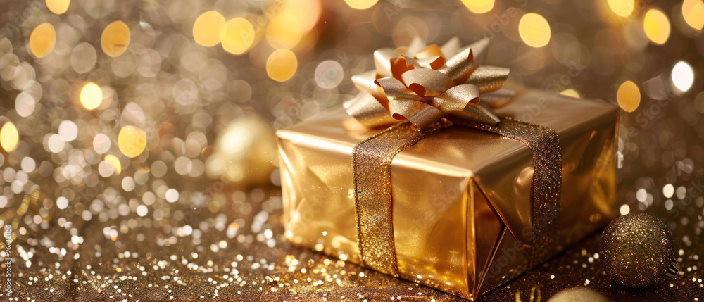 A beautifully wrapped golden gift box adorned with shiny bow, surrounded by sparkling lights and festive decorations, evokes sense of joy and celebration A beautifully wrapped golden gift box adorned with shiny bow, surrounded by sparkling lights and festive decorations, evokes sense of joy and celebration