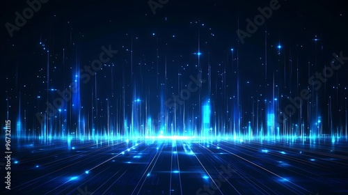 Vibrant abstract digital landscape with glowing blue lines and particles, perfect for technology and futuristic themes.