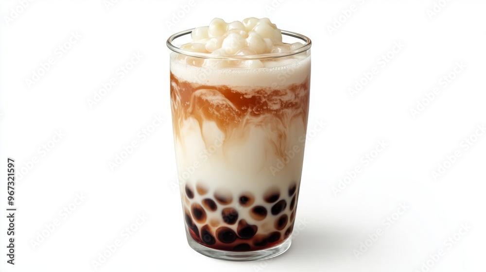 A glass of bubble tea with a swirl of milk and tea, featuring a perfect layer of tapioca pearls at the bottom, isolated on a clean white background. A glass of bubble tea with a swirl of milk and tea, featuring a perfect layer of tapioca pearls at the bottom, isolated on a clean white background.