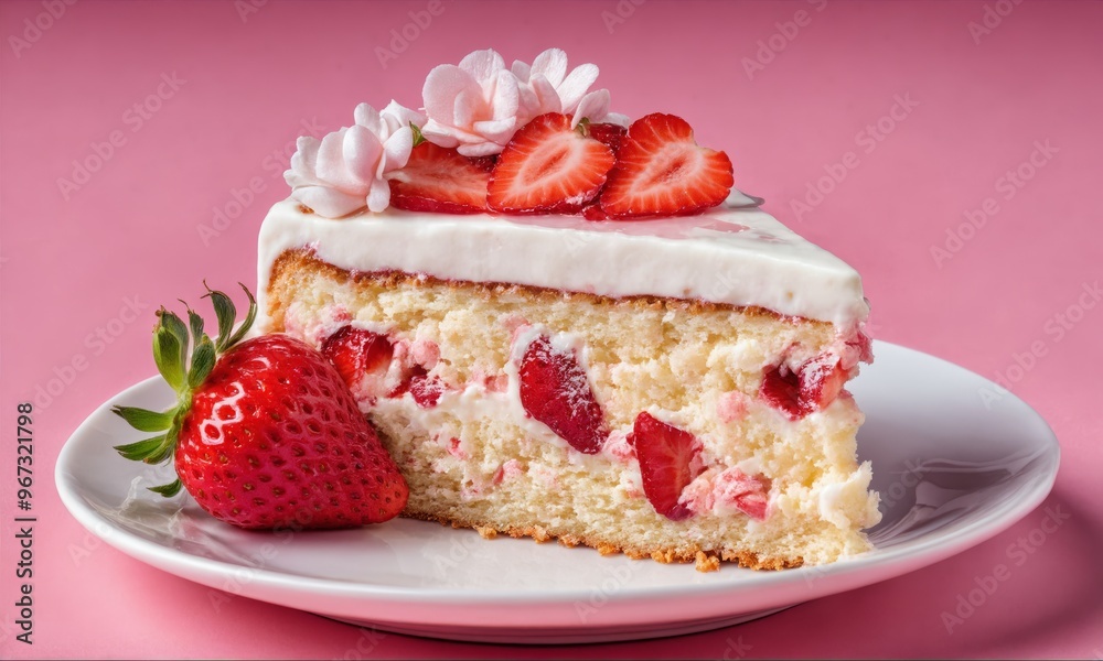 Slice of strawberry cake with white frosting and flowers on pink background Slice of strawberry cake with white frosting and flowers on pink background
