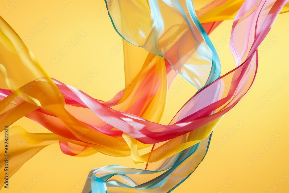 Fototapeta premium Multicolored sheer fabrics swirl gracefully against a yellow background, evoking a sense of lightness and fluidity.