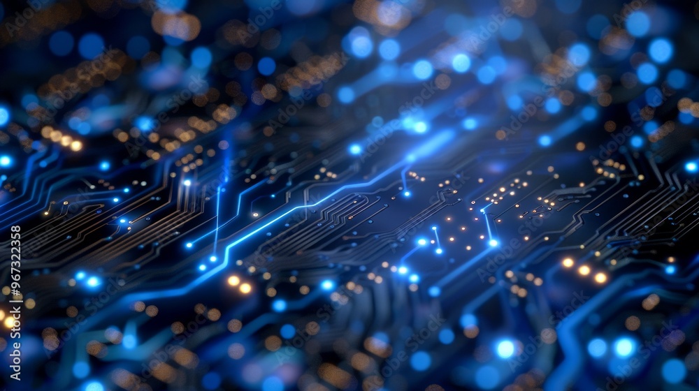 Digital background Blue electronic board on dark background with luminous tracks, blue/gold spots indicate electronic signals. Digital background Blue electronic board on dark background with luminous tracks, blue/gold spots indicate electronic signals.