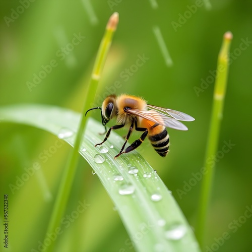 A bee on a blade of grass in rain