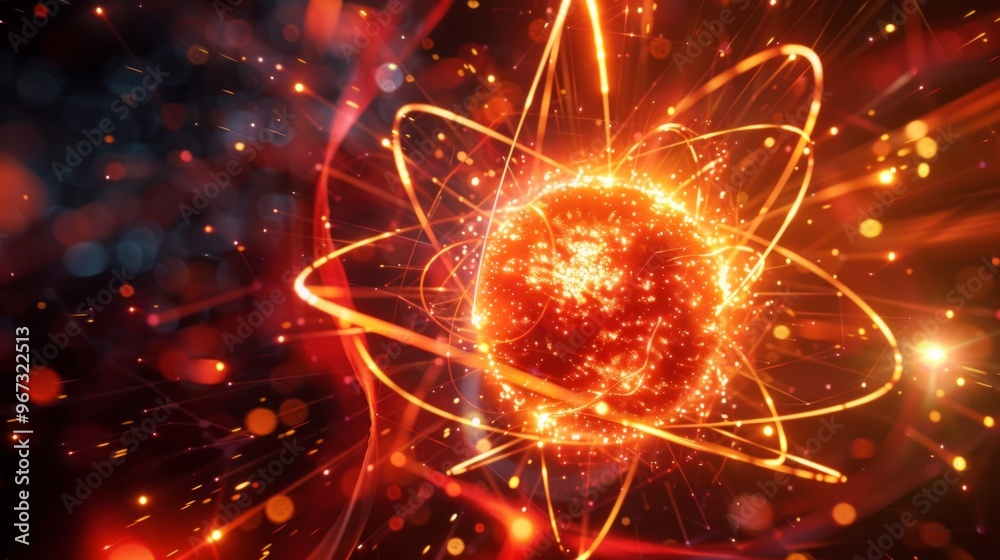 A digital artwork depicts an atom with a red core and neon-colored ...