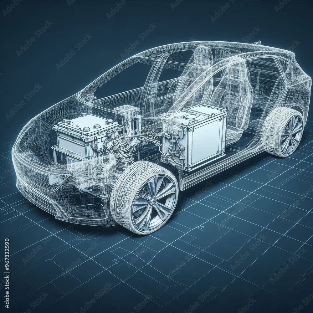 Naklejka premium A line art 3D illustration displays a modern electric car chassis x-ray, revealing the vehicle battery in a studio environment. 