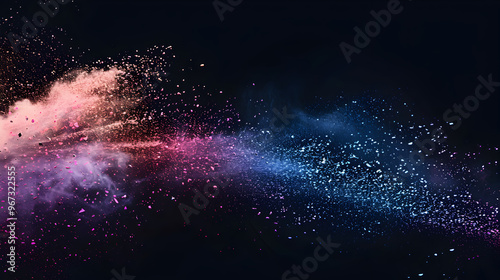 Explosion of bright colorful paint on black background, burst of multicolored powder