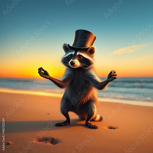 A lone anorexic raccoon wearing a top hat performing quantum physics on a beach at sunrise