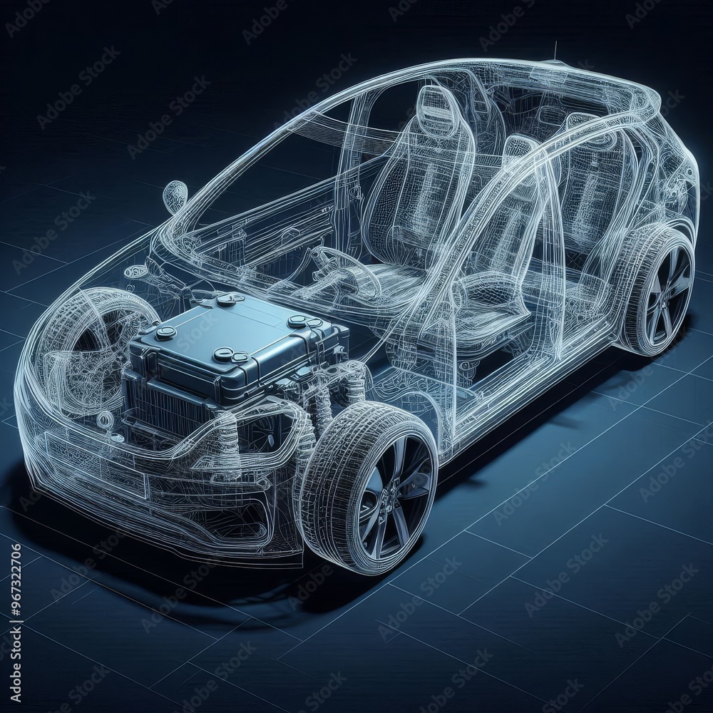 Naklejka premium A line art 3D illustration displays a modern electric car chassis x-ray, revealing the vehicle battery in a studio environment. 