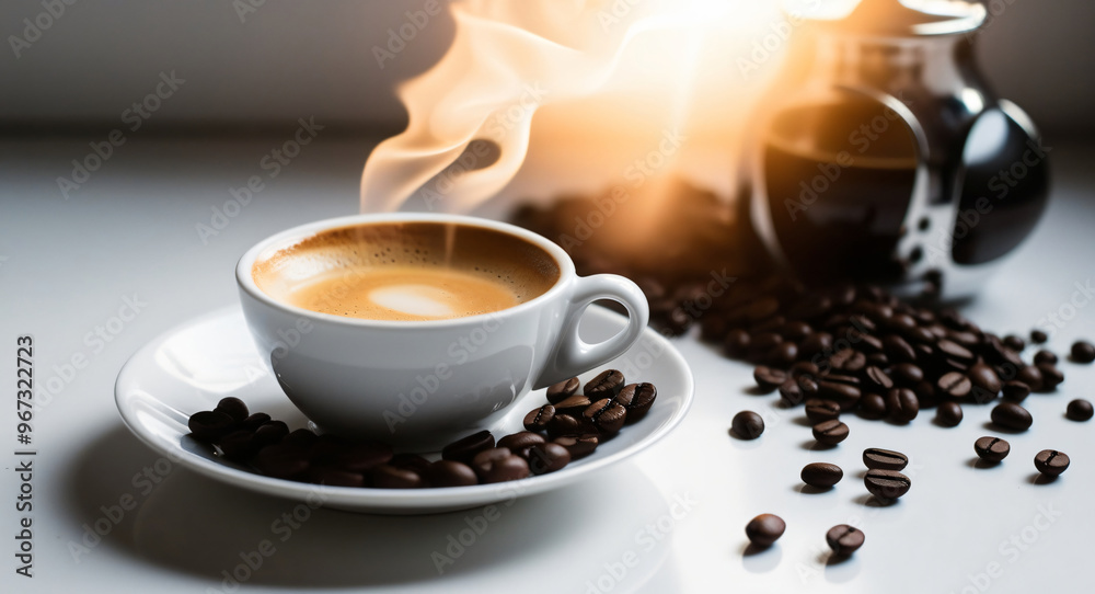 Fototapeta premium Refreshing hot cup of coffee at a cafe