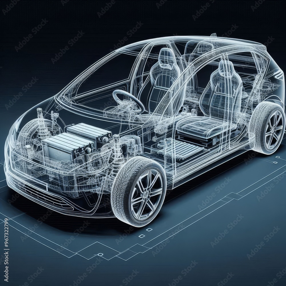 Naklejka premium A line art 3D illustration displays a modern electric car chassis x-ray, revealing the vehicle battery in a studio environment. 