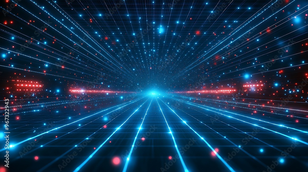 Naklejka premium Vibrant digital landscape featuring colorful lights and beams, creating a futuristic and dynamic visual experience.