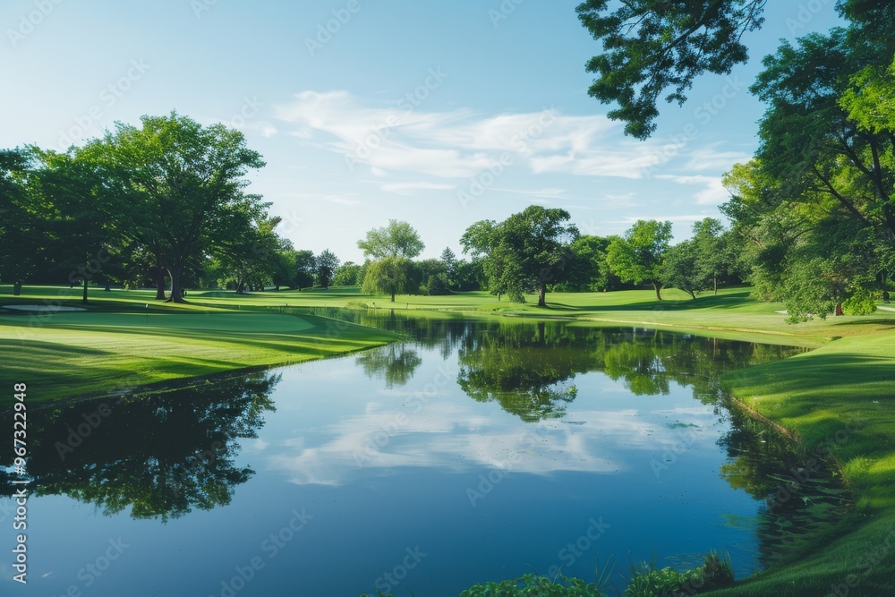 A serene landscape featuring a clear blue sky reflected in a calm pond surrounded by lush, green trees and grass, evoking a sense of tranquility and natural beauty. A serene landscape featuring a clear blue sky reflected in a calm pond surrounded by lush, green trees and grass, evoking a sense of tranquility and natural beauty.