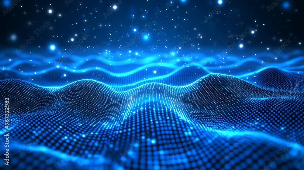 Vibrant digital landscape featuring flowing waves of blue light, creating a mesmerizing and futuristic atmosphere. Vibrant digital landscape featuring flowing waves of blue light, creating a mesmerizing and futuristic atmosphere.