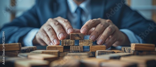 A man in a suit stacks wooden blocks to build a pyramid, focusing on arranging them meticulously on a work desk.
