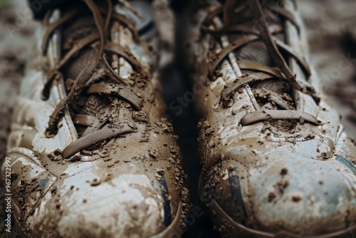 Mud-caked football boots showcasing the determination, effort, and challenges of playing on a muddy field.