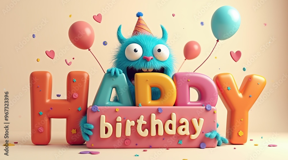 Naklejka premium Colorful birthday celebration with a cute 3D monster