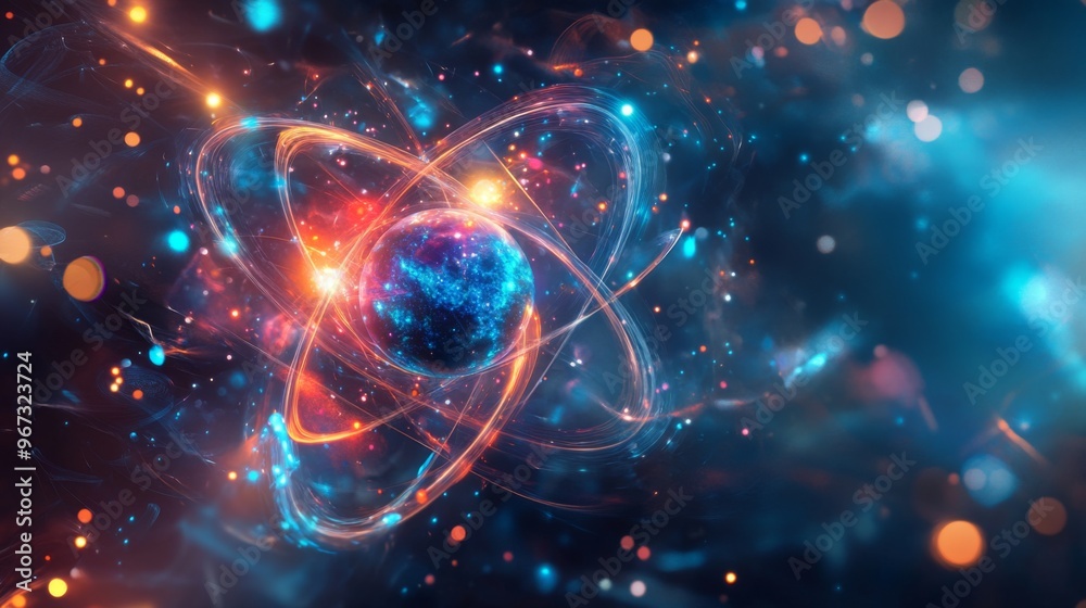 A highly detailed, digital representation of an atom with orbiting electrons and a nucleus, illustrating atomic structure in a futuristic design. A highly detailed, digital representation of an atom with orbiting electrons and a nucleus, illustrating atomic structure in a futuristic design.