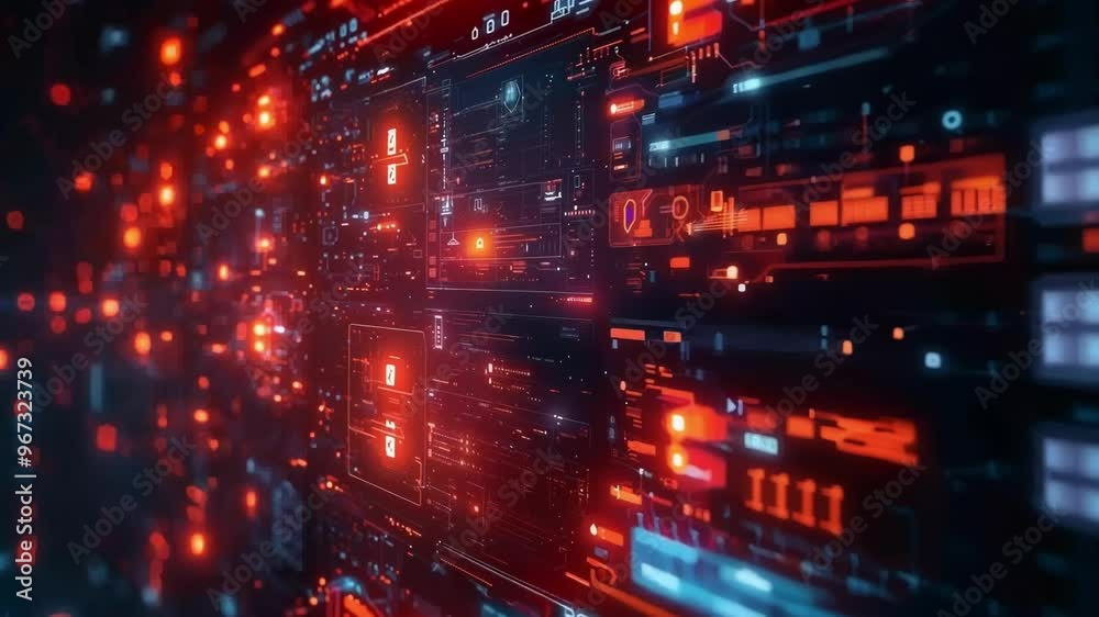 Glowing network of digital displays shows finance data, evoking cutting edge technology and market analysis Glowing network of digital displays shows finance data, evoking cutting edge technology and market analysis