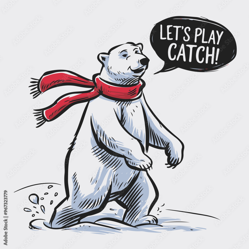 Playful Polar Bear with Red Scarf in Snowy Scene Playful Polar Bear with Red Scarf in Snowy Scene