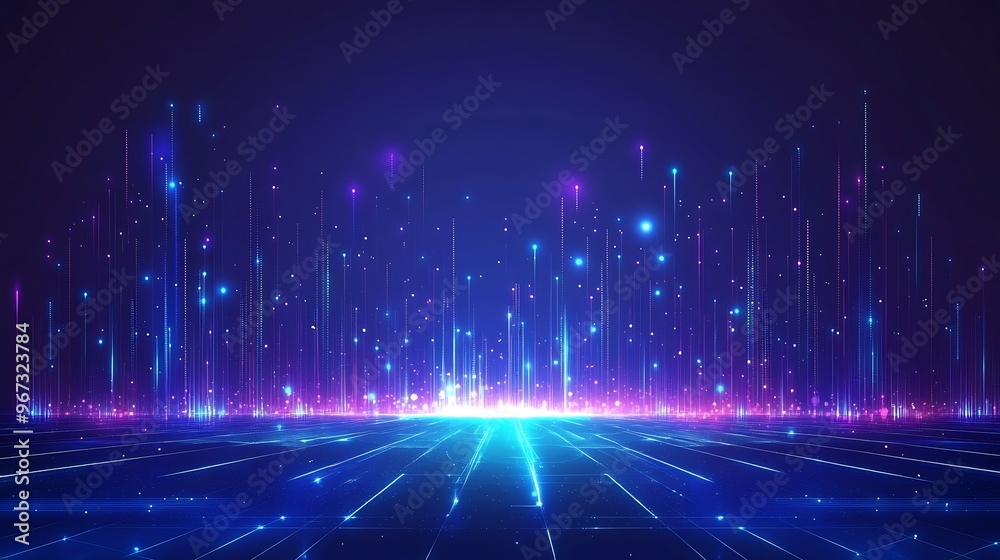 Vibrant digital landscape with illuminated particles creating a dynamic futuristic environment in deep blue and purple tones. Vibrant digital landscape with illuminated particles creating a dynamic futuristic environment in deep blue and purple tones.
