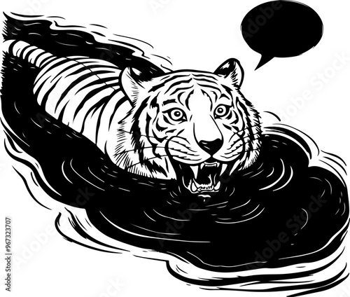 Swimming Tiger in Bold Black and White Illustration