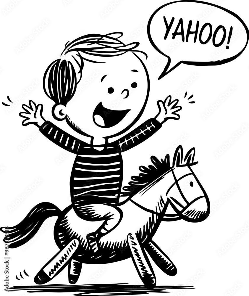 Joyful Child on Toy Horse with Excited Expression Joyful Child on Toy Horse with Excited Expression