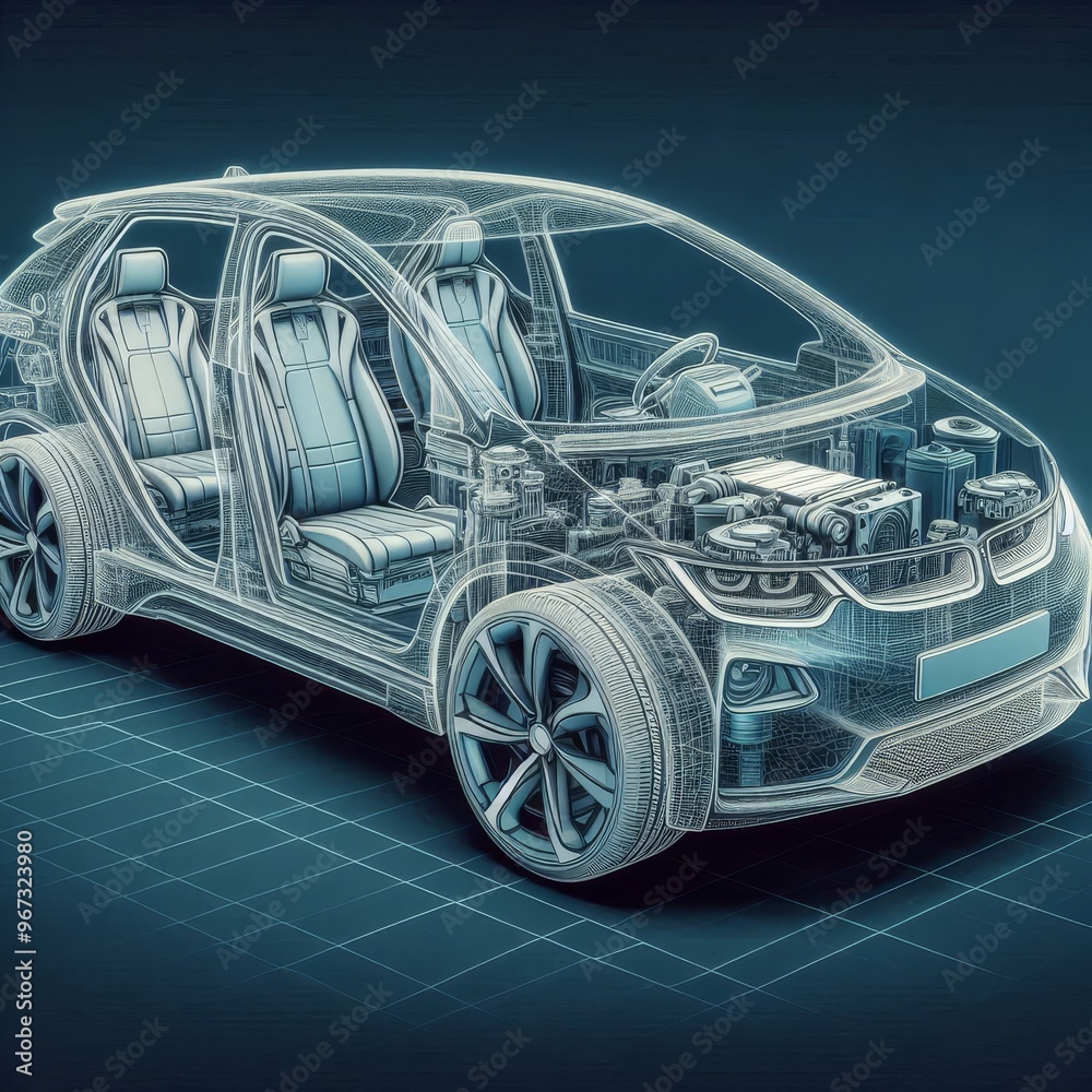 Naklejka premium A line art 3D illustration displays a modern electric car chassis x-ray, revealing the vehicle battery in a studio environment. 