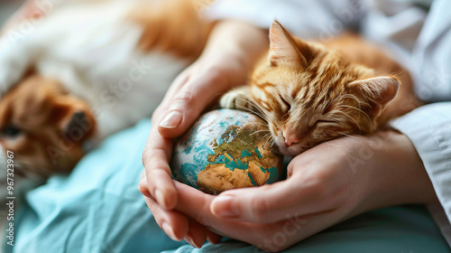 cute kittens hugging around world globe modal in human hands , pet cat , world pet day  photo