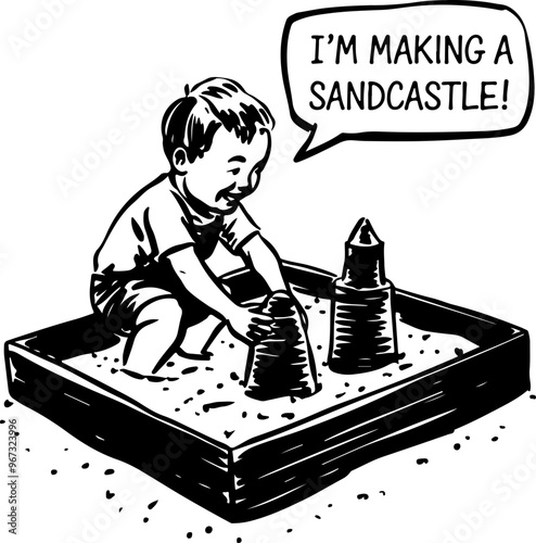 Child Playing and Building Sandcastle in Sandbox