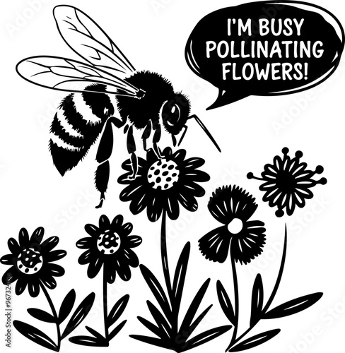 Bee Pollinating Flowers with Playful Speech Bubble