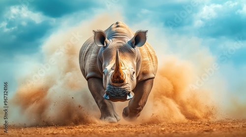 A rhino is running through the desert, kicking up a cloud of dust