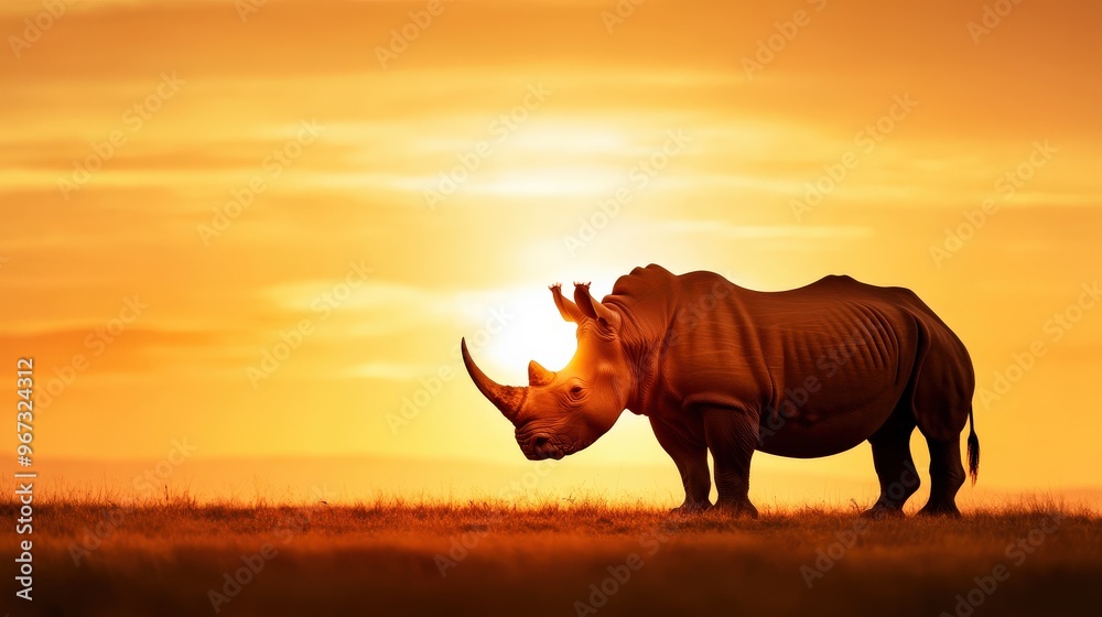 Fototapeta premium A rhino is standing in a field with the sun setting in the background