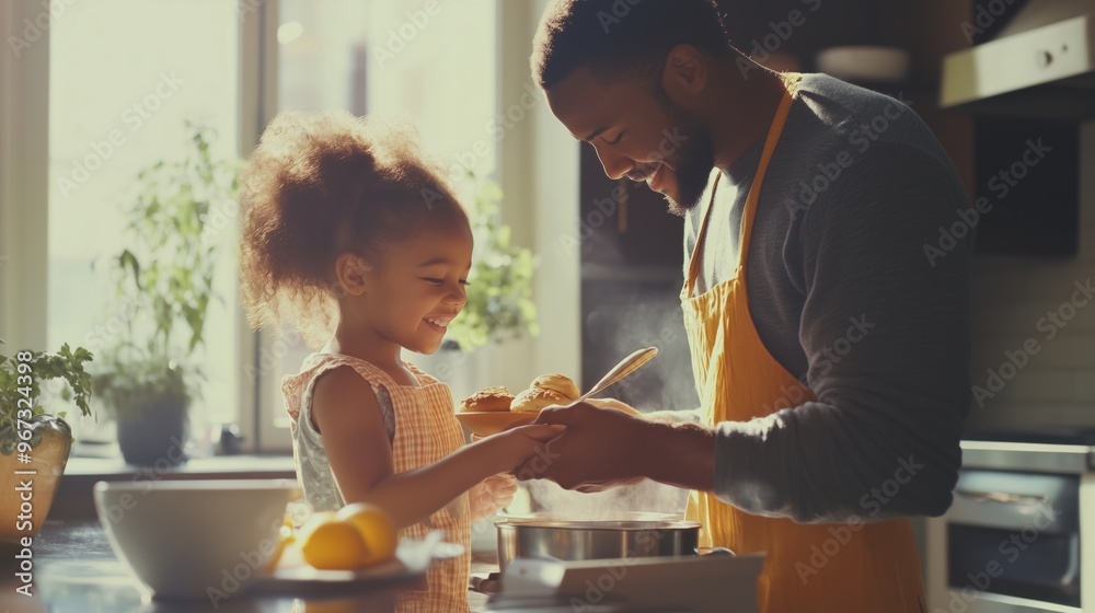 A father and daughter cooking together in a bright kitchen, sharing smiles and preparing a meal during a sunny afternoon A father and daughter cooking together in a bright kitchen, sharing smiles and preparing a meal during a sunny afternoon