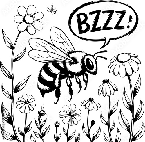 Illustration of a Bee Among Flowers with Speech Bubble