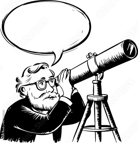 Old Man Looking Through Telescope with Speech Bubble