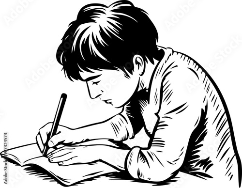 Illustration of a Boy Writing in a Notebook