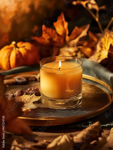 A beautifully crafted candle placed on an elegant tray, surrounded by autumnal decorations like leaves and pumpkins