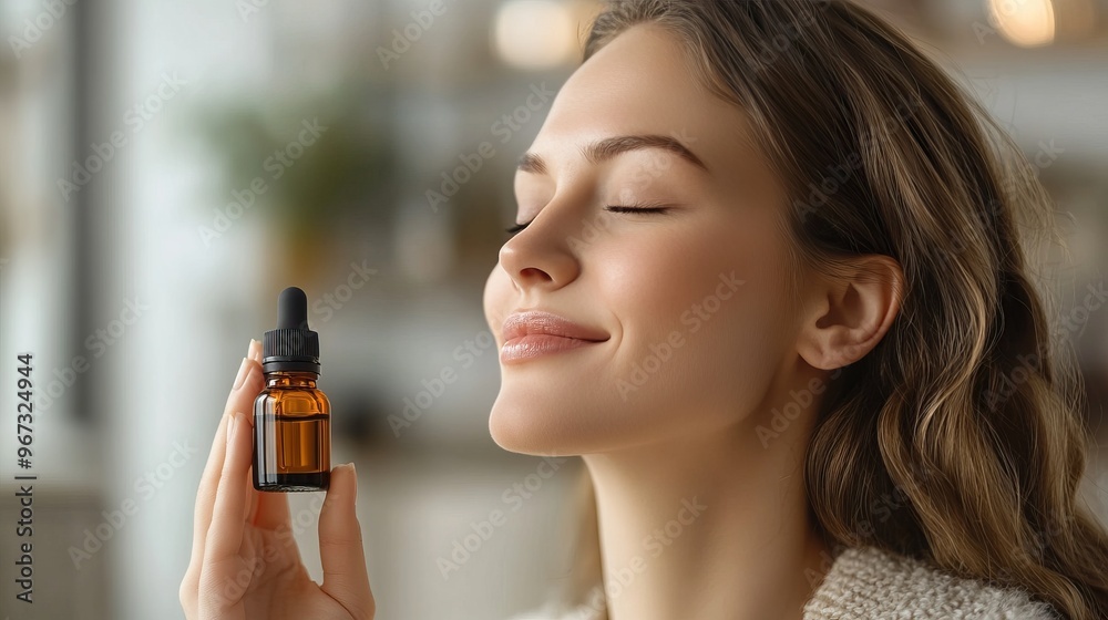 Fototapeta premium A serene woman enjoys a calming moment while holding a bottle of skincare oil, embracing tranquility and self-care.