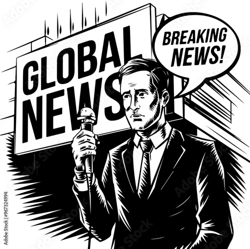 Monochrome Illustration of a News Reporter Announcing News