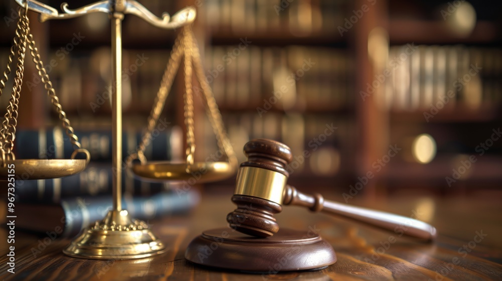 Legal Office with Scales of Justice and Wooden Gavel in Focus, Law Books in Background, Professional Law Practice Legal Office with Scales of Justice and Wooden Gavel in Focus, Law Books in Background, Professional Law Practice