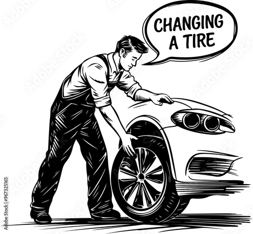 Illustration of a Mechanic Changing a Tire
